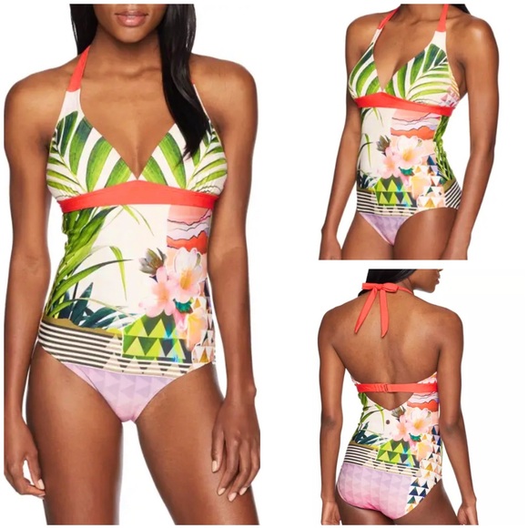 PrAna Lahari Carmine Pink Paradise One-Piece Halter Swimsuit - Picture 1 of 6